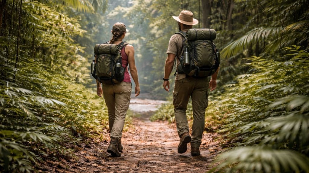 Turistas caminando en la selva al viajar al Amazonas colombiano
